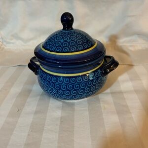 Vtg Polish Pottery Boleslawiec Individual Soup Bowl w/ Lid -12 oz  Blue/Yellow